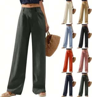 Wide Leg Linen Pants for Women Business Casual High Waisted Dress Pants Office Work Pants Straight Trousers w/Pockets
