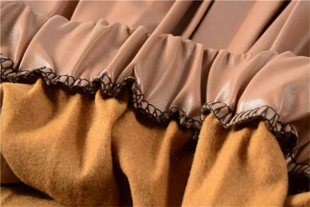 Winter Ladies Black PU Leather Skirts Midi Pleated Skirts High Waist Basic Mid-Calf Women Long Skirts