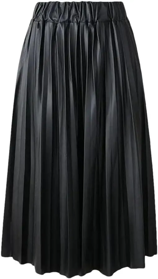 Winter Ladies Black PU Leather Skirts Midi Pleated Skirts High Waist Basic Mid-Calf Women Long Skirts