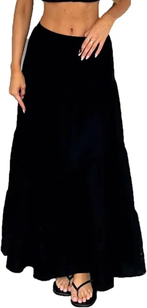 Women Boho Long Skirt Y2k Elastic High Waist Ruffle Pleated Swing Maxi Skirt Casual Tiered Prairie Flowy Aline Skirt