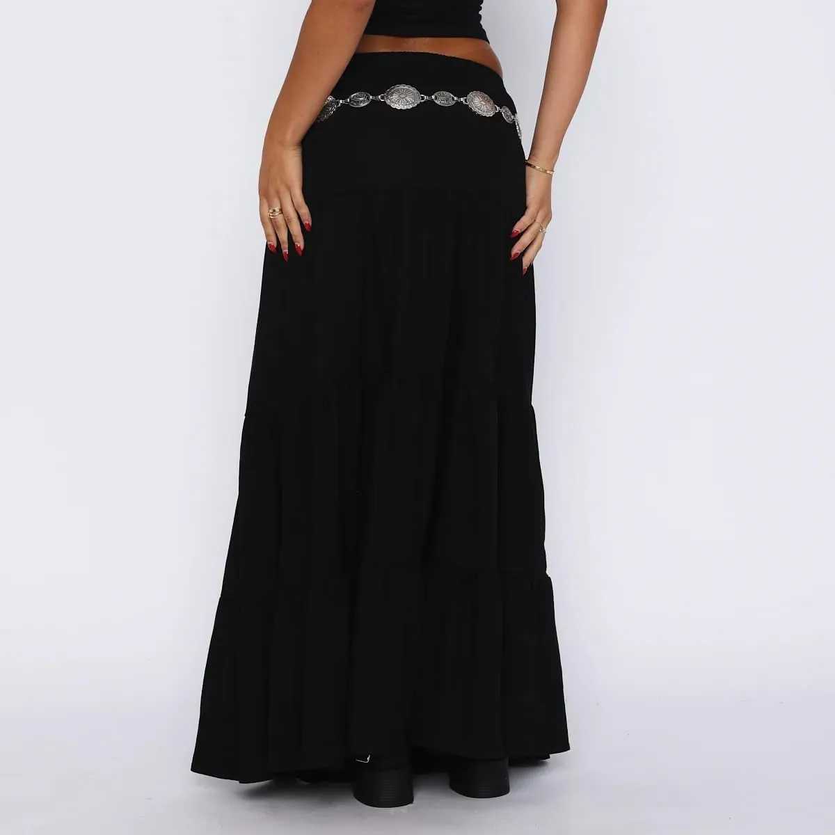 Women Boho Long Skirt Y2k Elastic High Waist Ruffle Pleated Swing Maxi Skirt Casual Tiered Prairie Flowy Aline Skirt