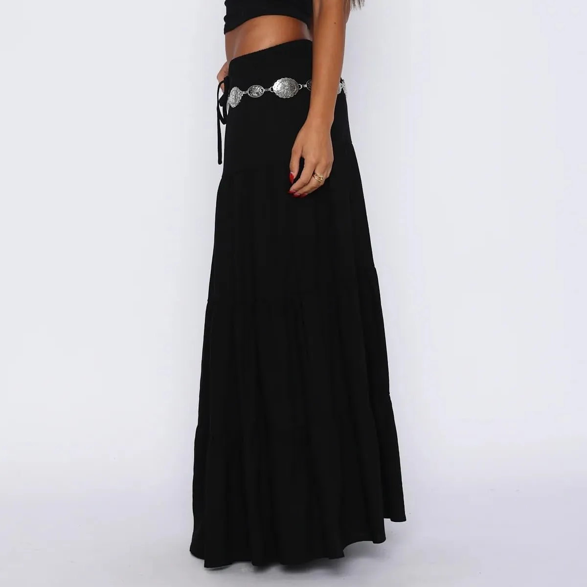 Women Boho Long Skirt Y2k Elastic High Waist Ruffle Pleated Swing Maxi Skirt Casual Tiered Prairie Flowy Aline Skirt