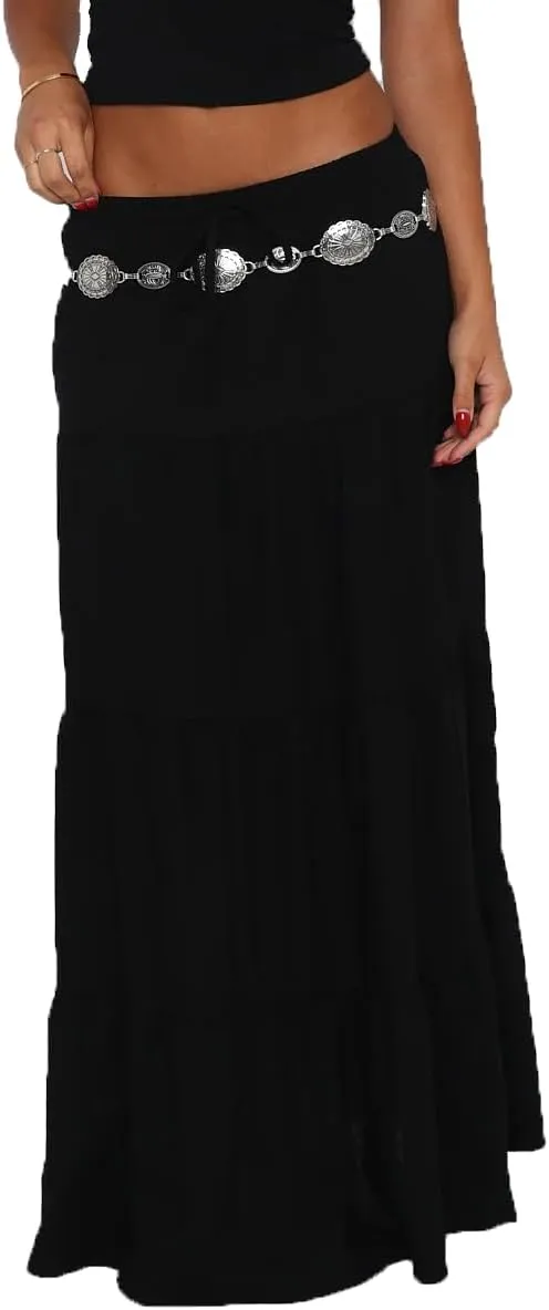 Women Boho Long Skirt Y2k Elastic High Waist Ruffle Pleated Swing Maxi Skirt Casual Tiered Prairie Flowy Aline Skirt