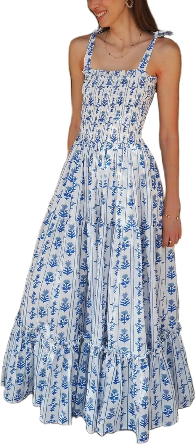 Women Boho Tie Shoulder Maxi Dress Y2k Floral Smocked Long Dress Sleeveless Flowy Summer Beach Sundress