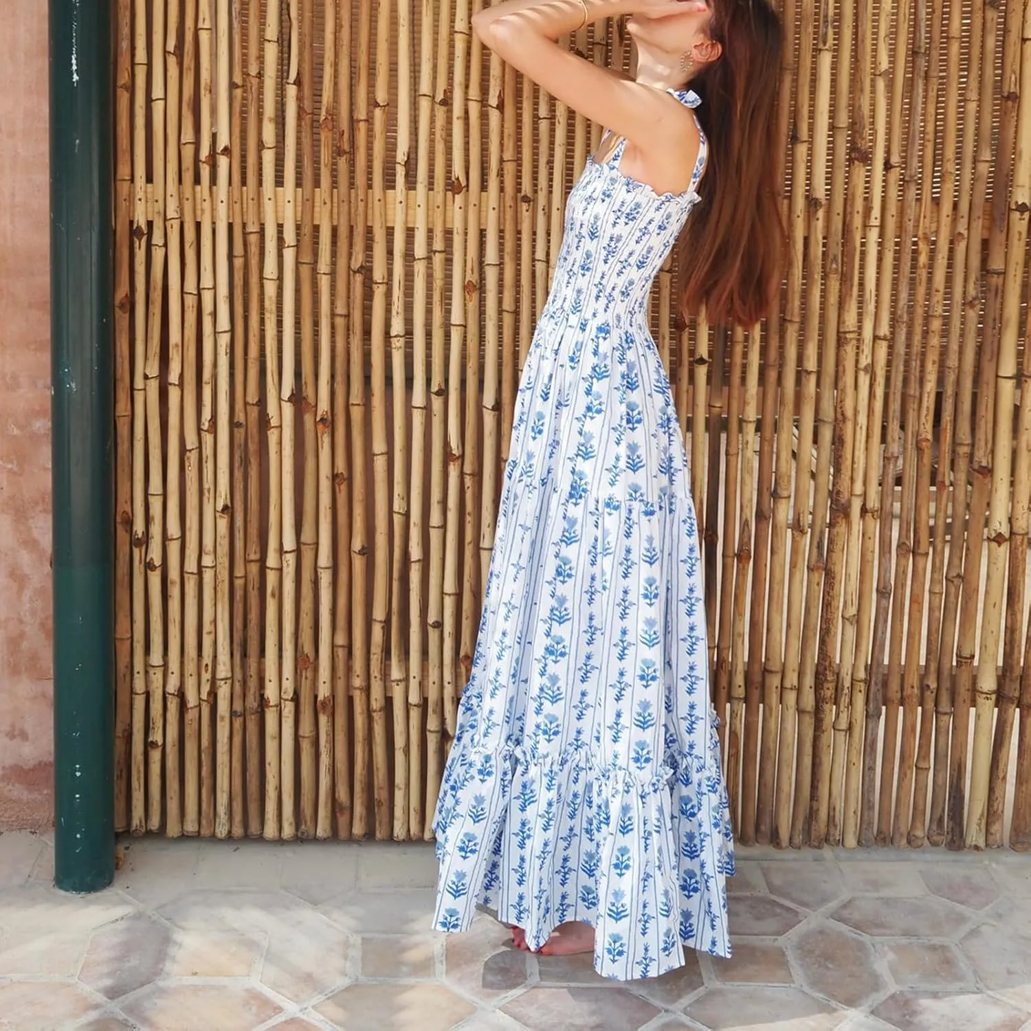 Women Boho Tie Shoulder Maxi Dress Y2k Floral Smocked Long Dress Sleeveless Flowy Summer Beach Sundress