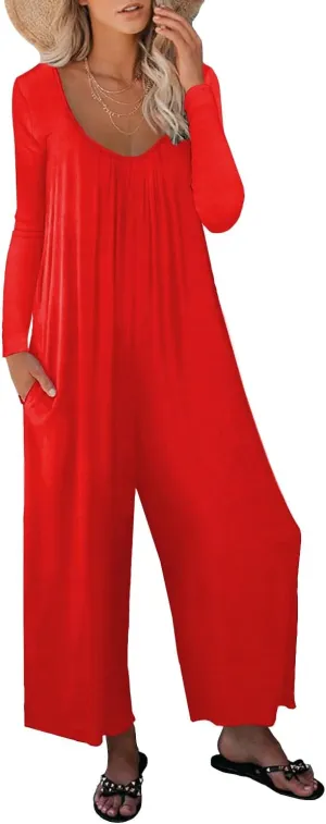 Women Casual Jumpsuits One Piece Loose Stretchy Long Sleeve Fall Jumpsuit Wide Leg Long Pants Rompers with Pockets