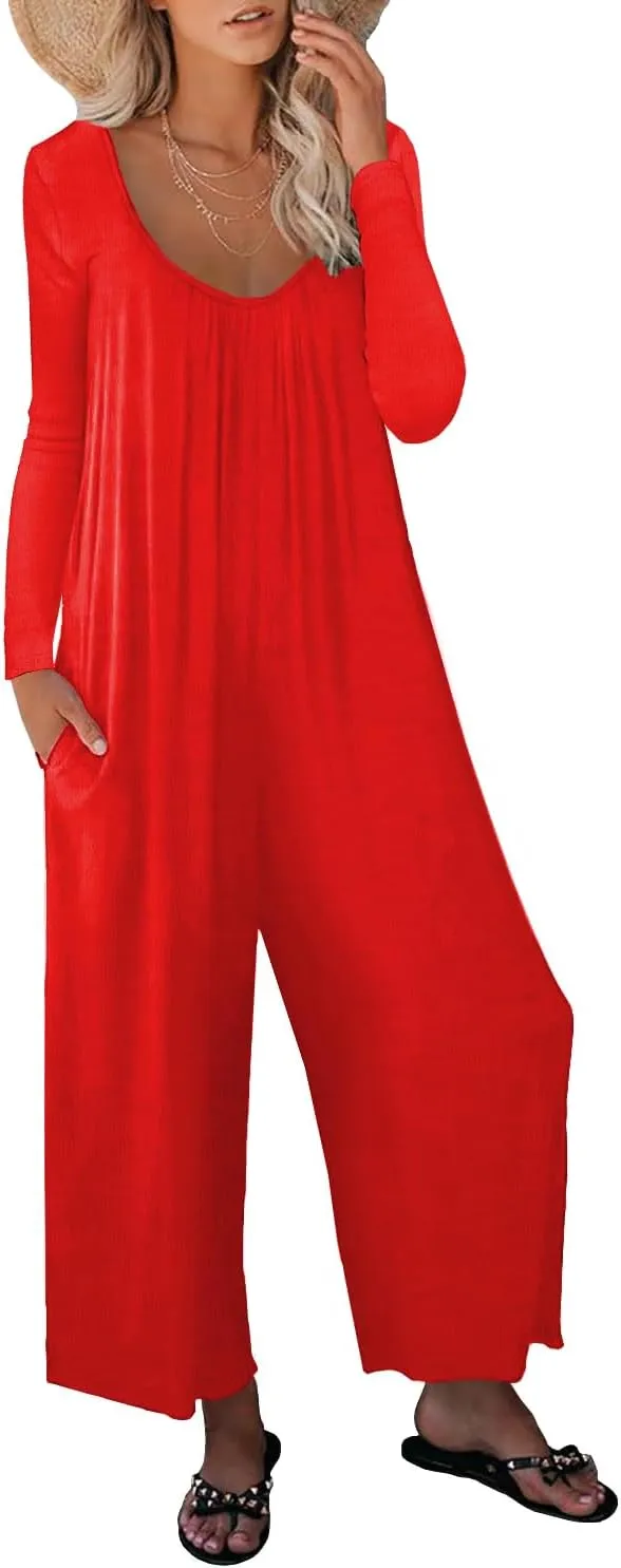 Women Casual Jumpsuits One Piece Loose Stretchy Long Sleeve Fall Jumpsuit Wide Leg Long Pants Rompers with Pockets