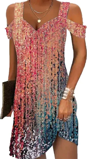 Women Cold Shoulder Dress 2025 Summer Casual Elegant Boho Floral V Neck Vintage Dresses for Beach Vacation