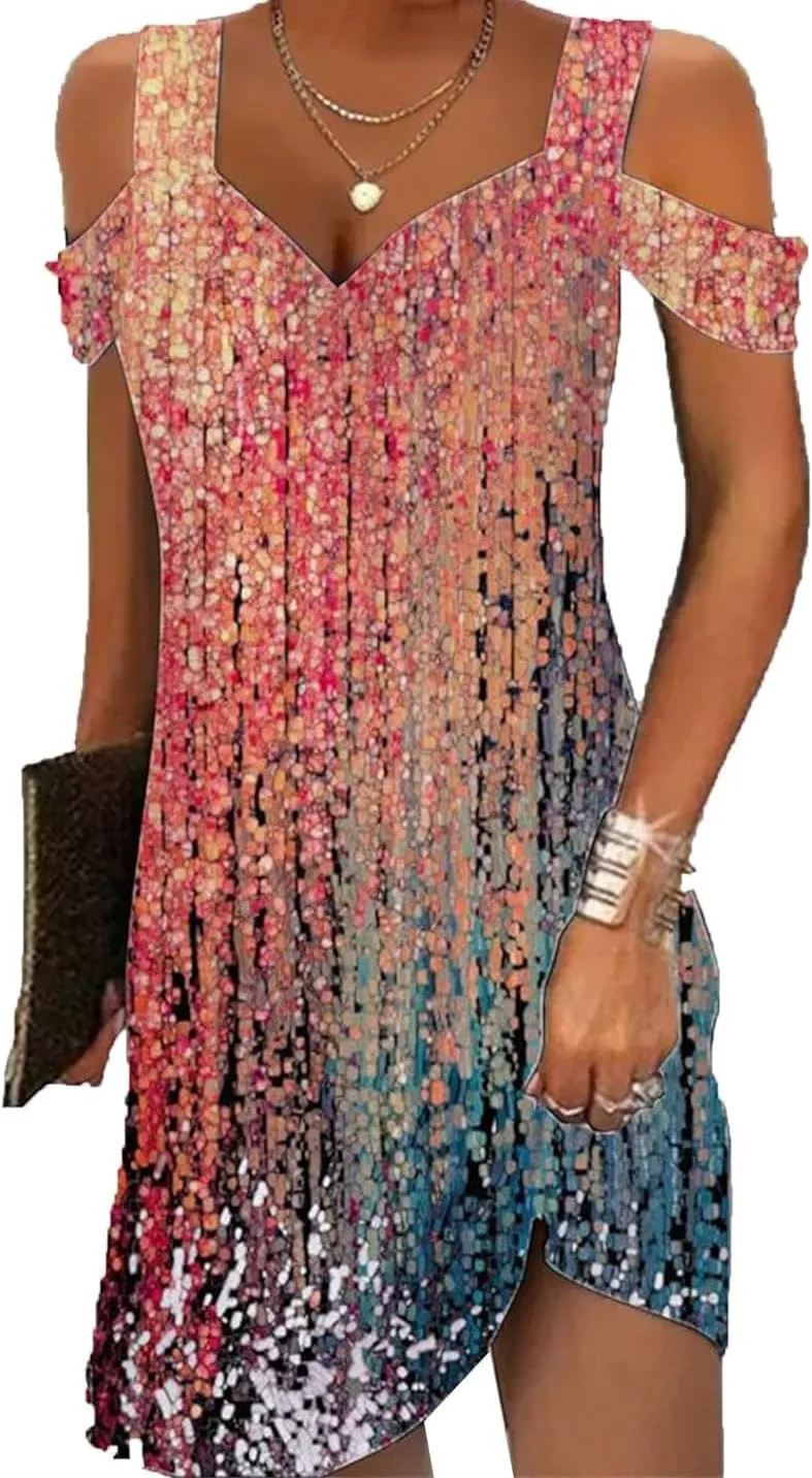 Women Cold Shoulder Dress 2025 Summer Casual Elegant Boho Floral V Neck Vintage Dresses for Beach Vacation