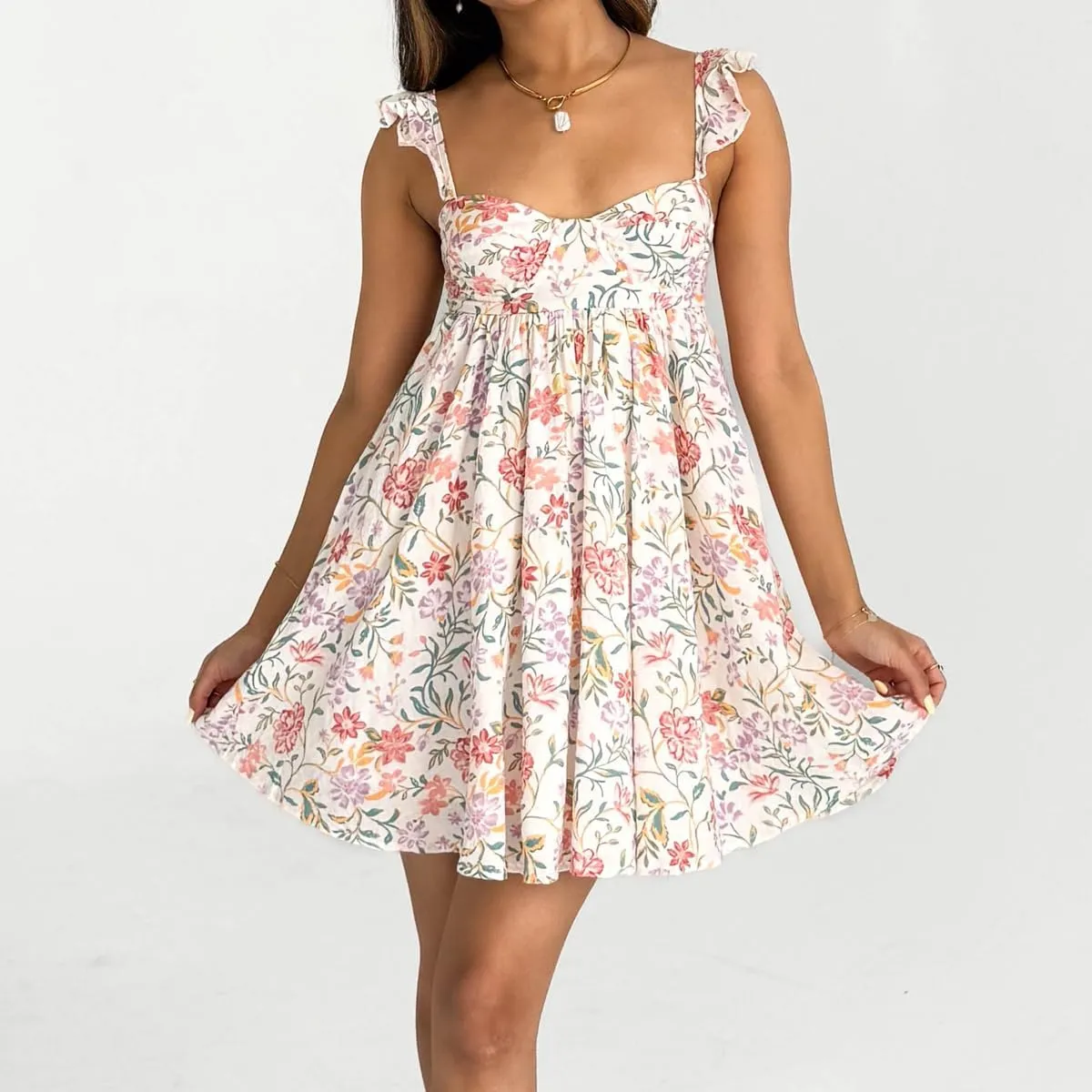 Women Fairy Spaghetti Strap Mini Dress Y2K Floral Babydoll Short Dress 2025 Summer Backless Party Dress Streetwear