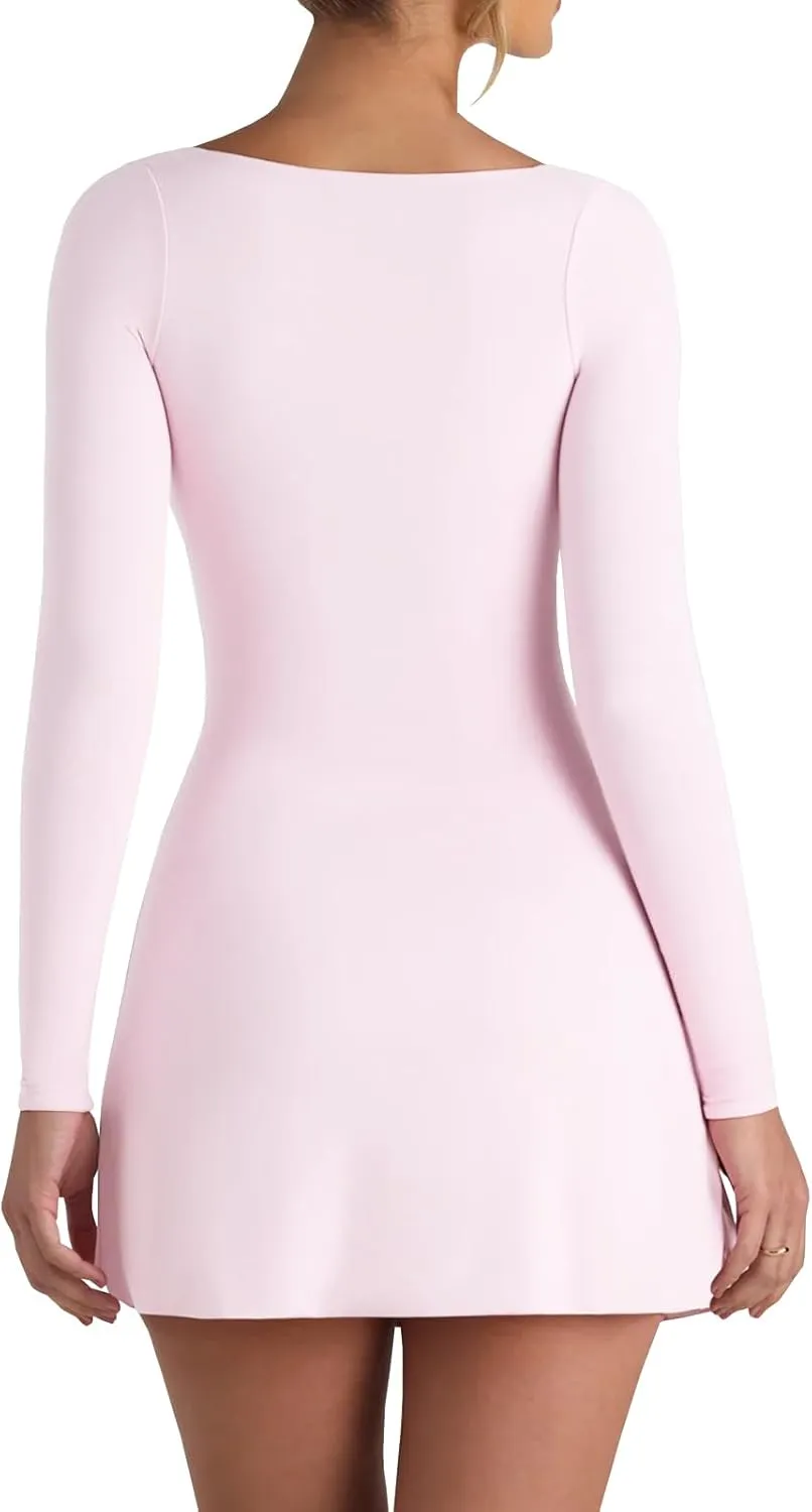 Women Fashion Sexy Long Sleeve Sweetheart-Neck A-Line Mini Dress Elegant Side Slit Cocktail Dress