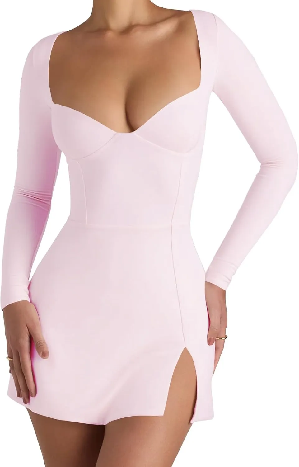 Women Fashion Sexy Long Sleeve Sweetheart-Neck A-Line Mini Dress Elegant Side Slit Cocktail Dress