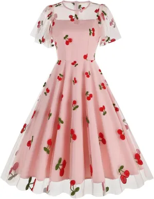 Women Floral Embroidery Dress Sheer Mesh Ruffle Sleeve Illusion Vintage Cocktail Swing Dress Tulle Dinner Dress