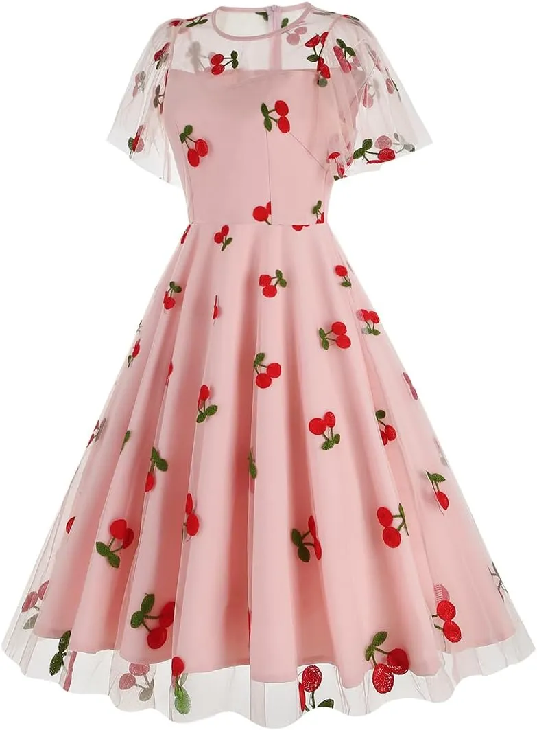 Women Floral Embroidery Dress Sheer Mesh Ruffle Sleeve Illusion Vintage Cocktail Swing Dress Tulle Dinner Dress