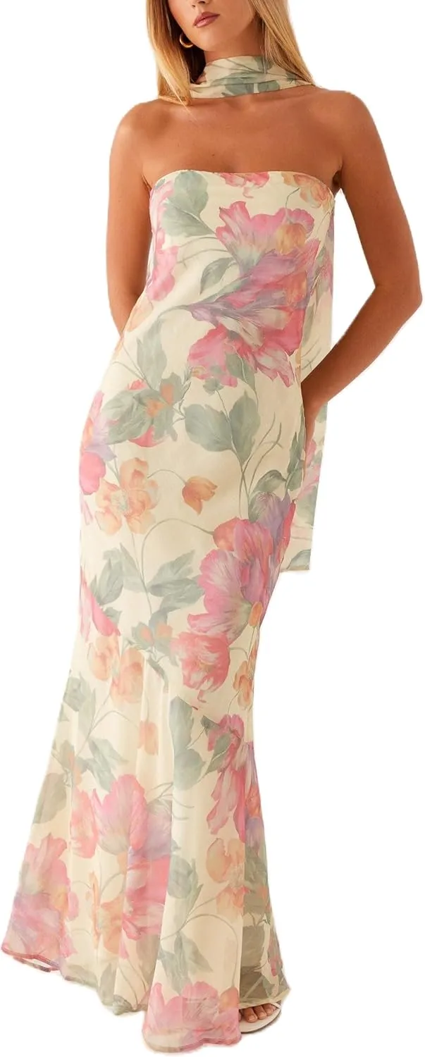Women Floral Formal Strapless Dress Sexy Backless Maxi Long Dresses Y2K Sleeveless Mesh Bodycon Tube Summer Sundress