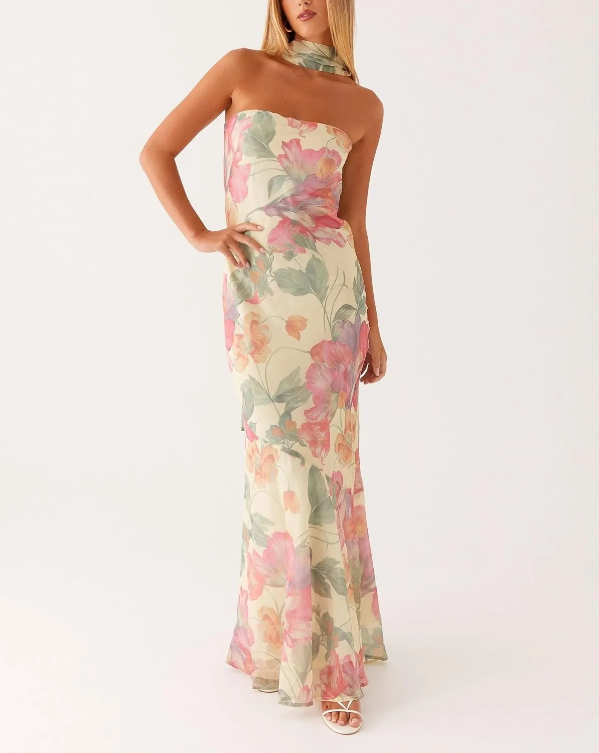 Women Floral Formal Strapless Dress Sexy Backless Maxi Long Dresses Y2K Sleeveless Mesh Bodycon Tube Summer Sundress
