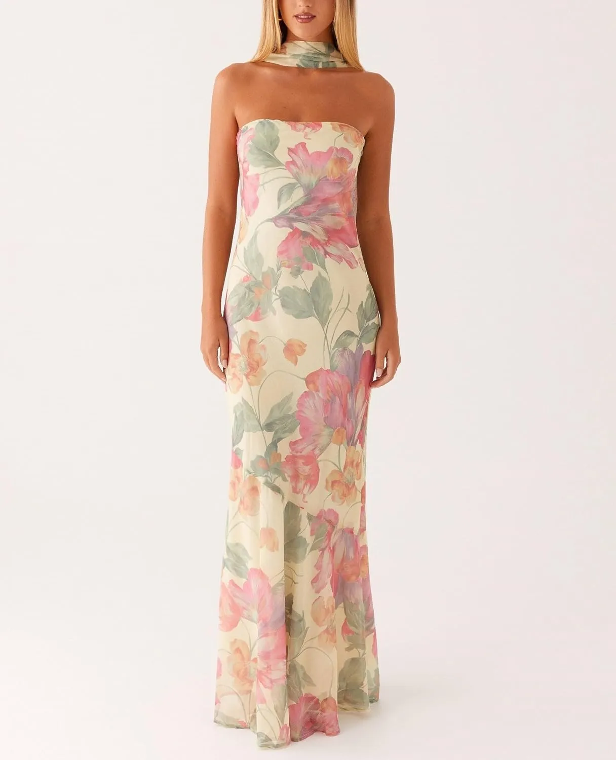 Women Floral Formal Strapless Dress Sexy Backless Maxi Long Dresses Y2K Sleeveless Mesh Bodycon Tube Summer Sundress