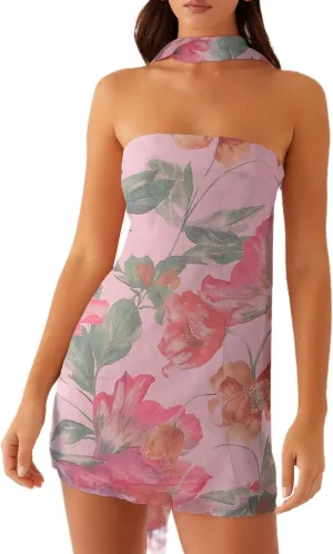 Women Floral Strapless Mini Dresses Y2K Flower Backless Tube Top Dress Short Summer Dress with Scarf