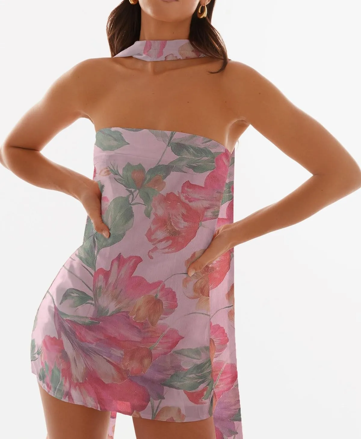 Women Floral Strapless Mini Dresses Y2K Flower Backless Tube Top Dress Short Summer Dress with Scarf