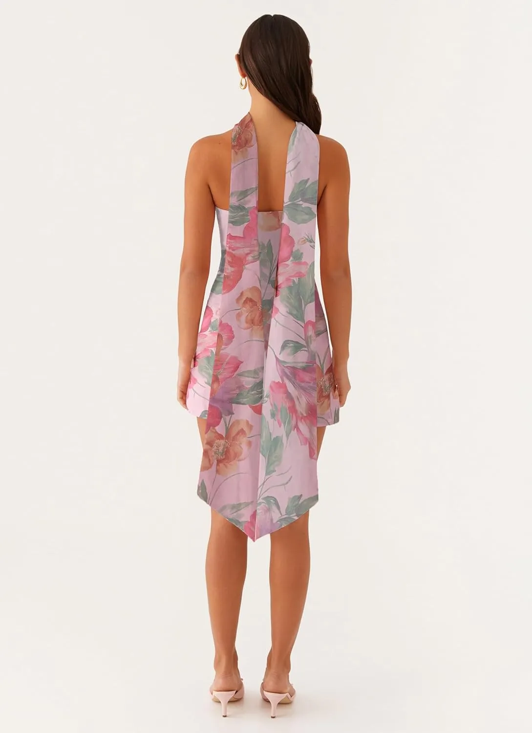 Women Floral Strapless Mini Dresses Y2K Flower Backless Tube Top Dress Short Summer Dress with Scarf