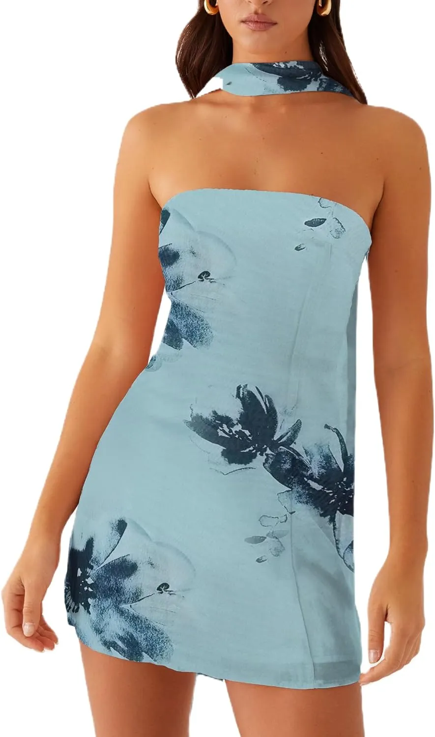 Women Floral Strapless Mini Dresses Y2K Flower Backless Tube Top Dress Short Summer Dress with Scarf