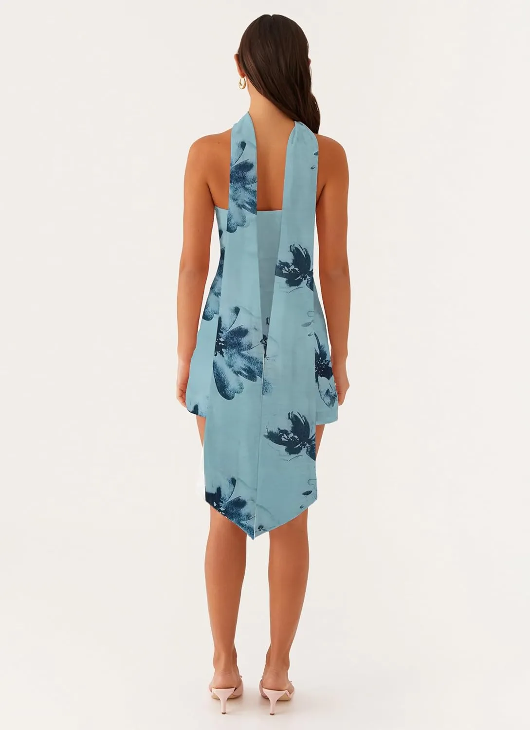 Women Floral Strapless Mini Dresses Y2K Flower Backless Tube Top Dress Short Summer Dress with Scarf