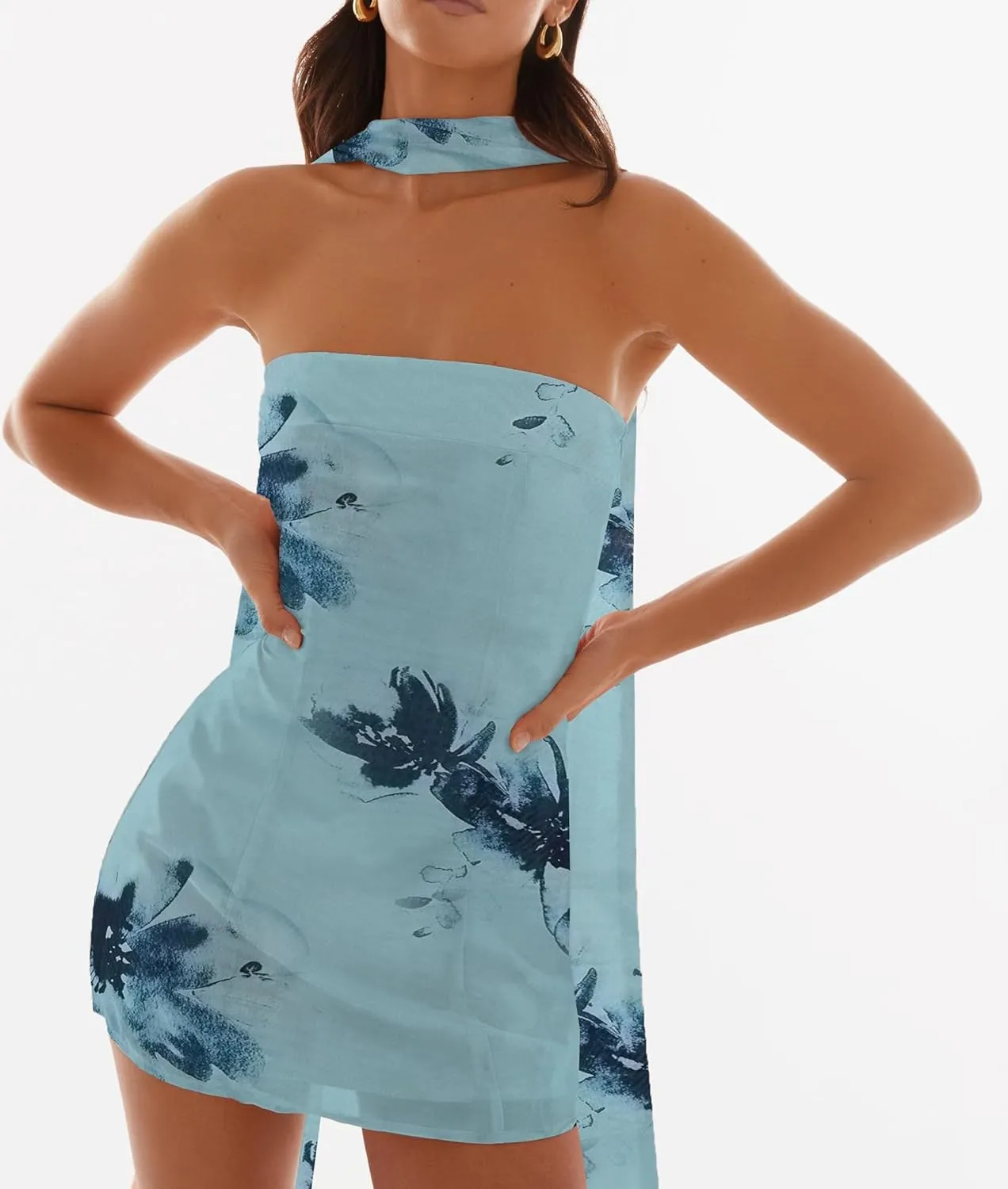 Women Floral Strapless Mini Dresses Y2K Flower Backless Tube Top Dress Short Summer Dress with Scarf