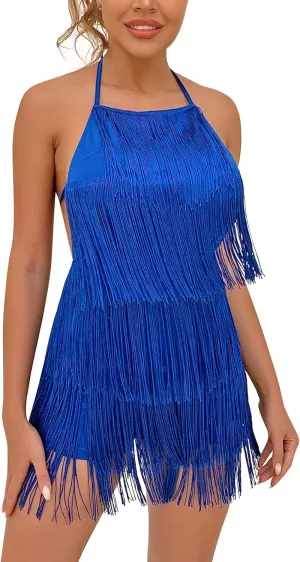 Women Halter Tassel Fringe Romper Layered Sexy Backless Fringe Dress Latin Dace Jumpsuits Disco Cowgirl Music Festival Outfit