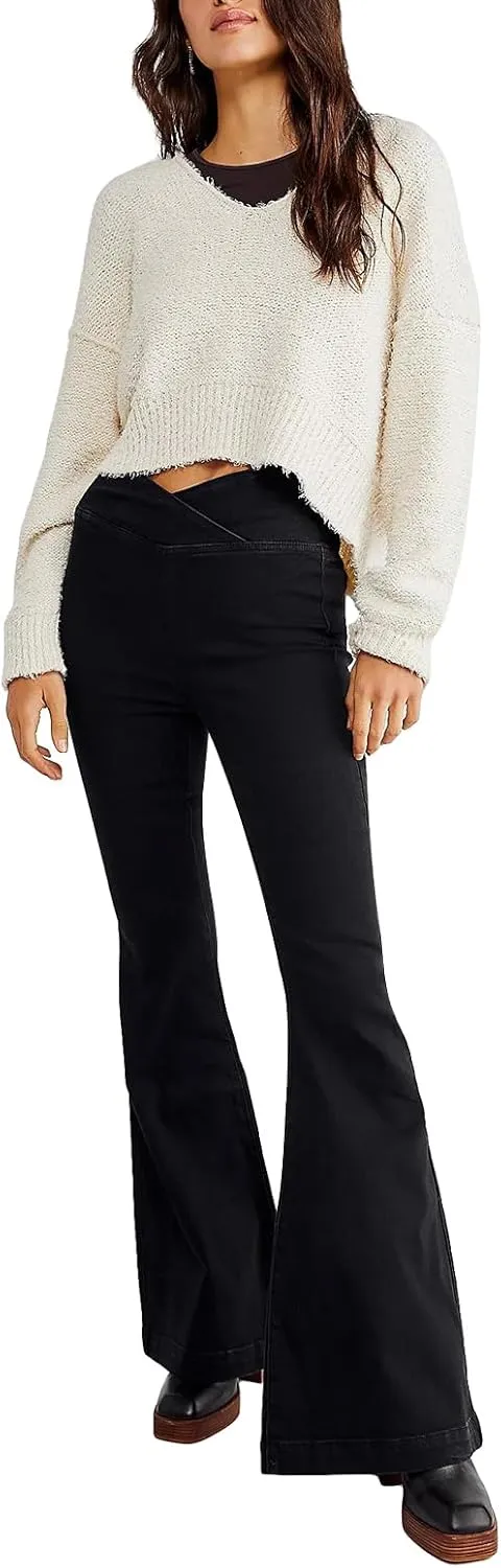 Women High Waist Velvet Flared Pants Y2k Vintage Slim Fit Palazzo Ribbed Bell Bottoms Trousers Cropped Pants