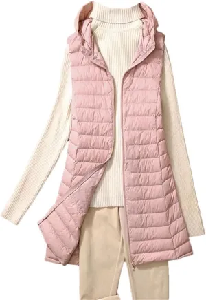 Women Midi Long Lightweightthin Down Vest Women Winter Long Hooded Jackets Slim Waistcoat Casual Basic