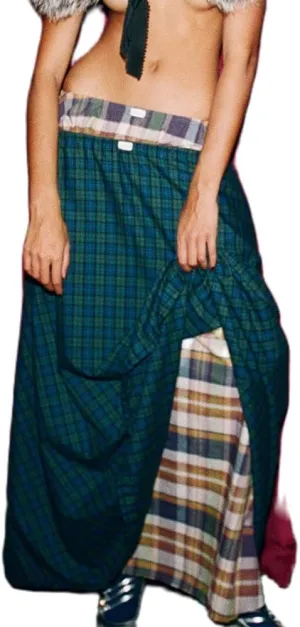 Women Plaid Maxi Skirt Boho Elastic Waist Flowy Long Skirt Pleated Ruffle Hem A Line Skirt Casual Tiered Swing Skirt