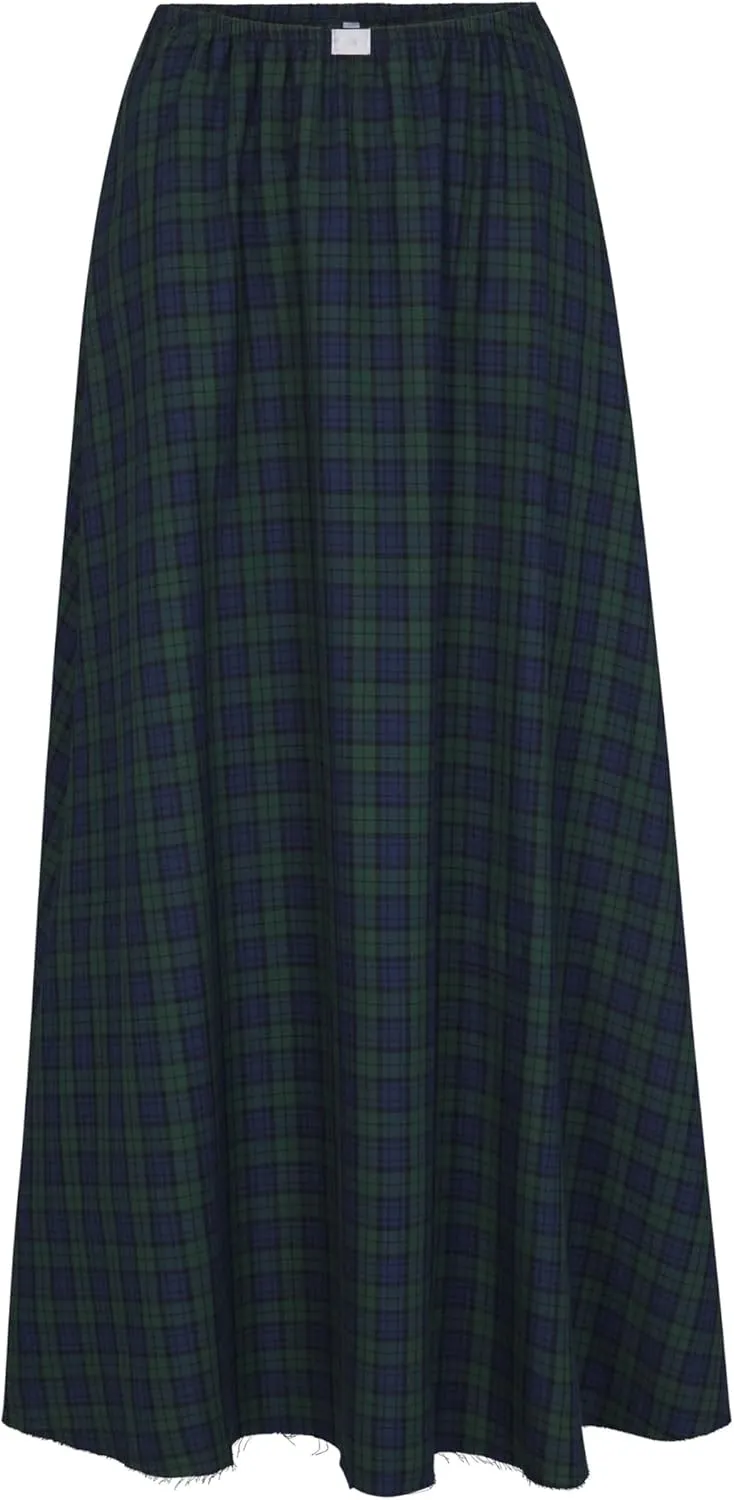 Women Plaid Maxi Skirt Boho Elastic Waist Flowy Long Skirt Pleated Ruffle Hem A Line Skirt Casual Tiered Swing Skirt