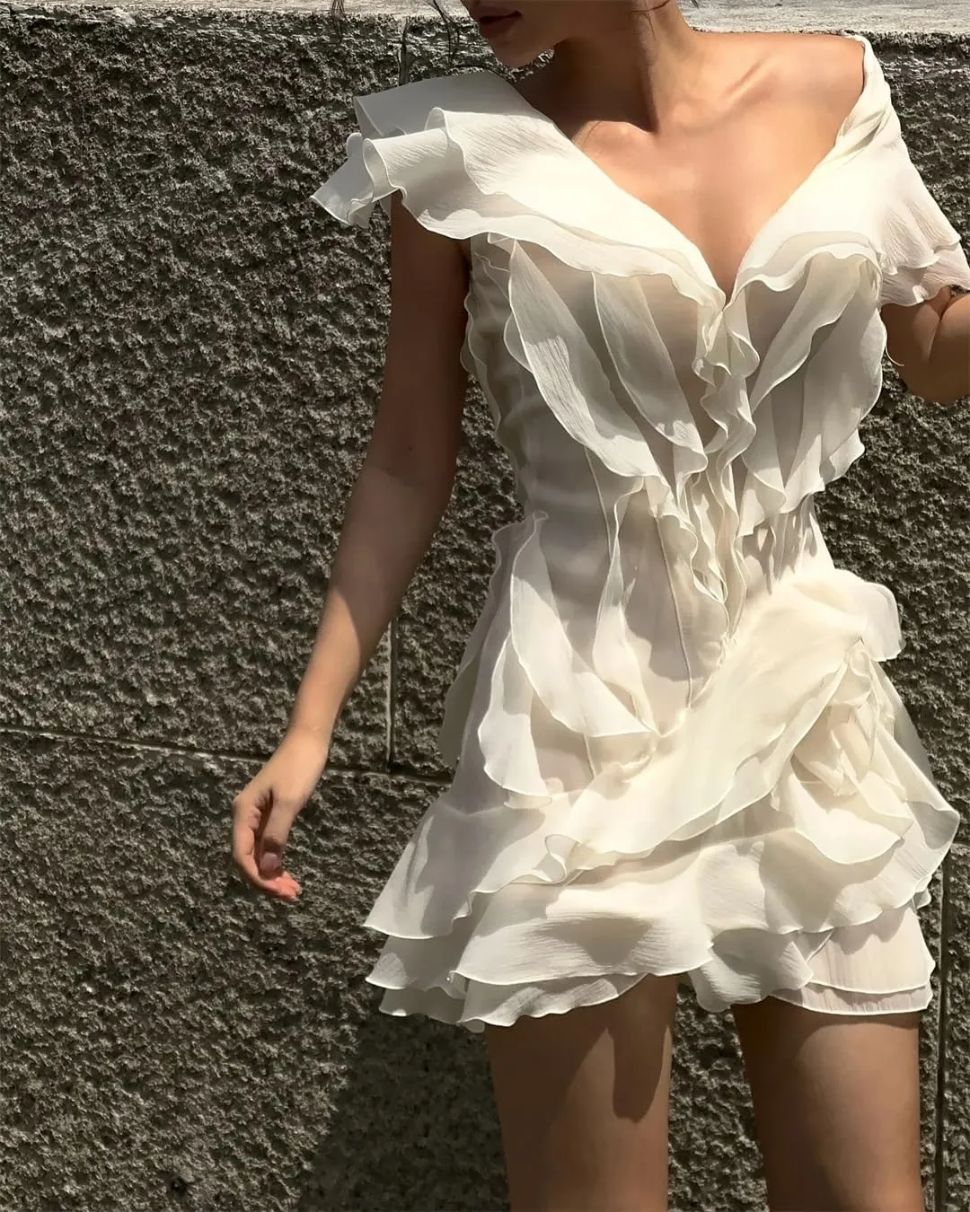 Women Ruffles Off Theshoulder Party Mini Dresses Short Sleeve Backless High Waist Slim Short Dress