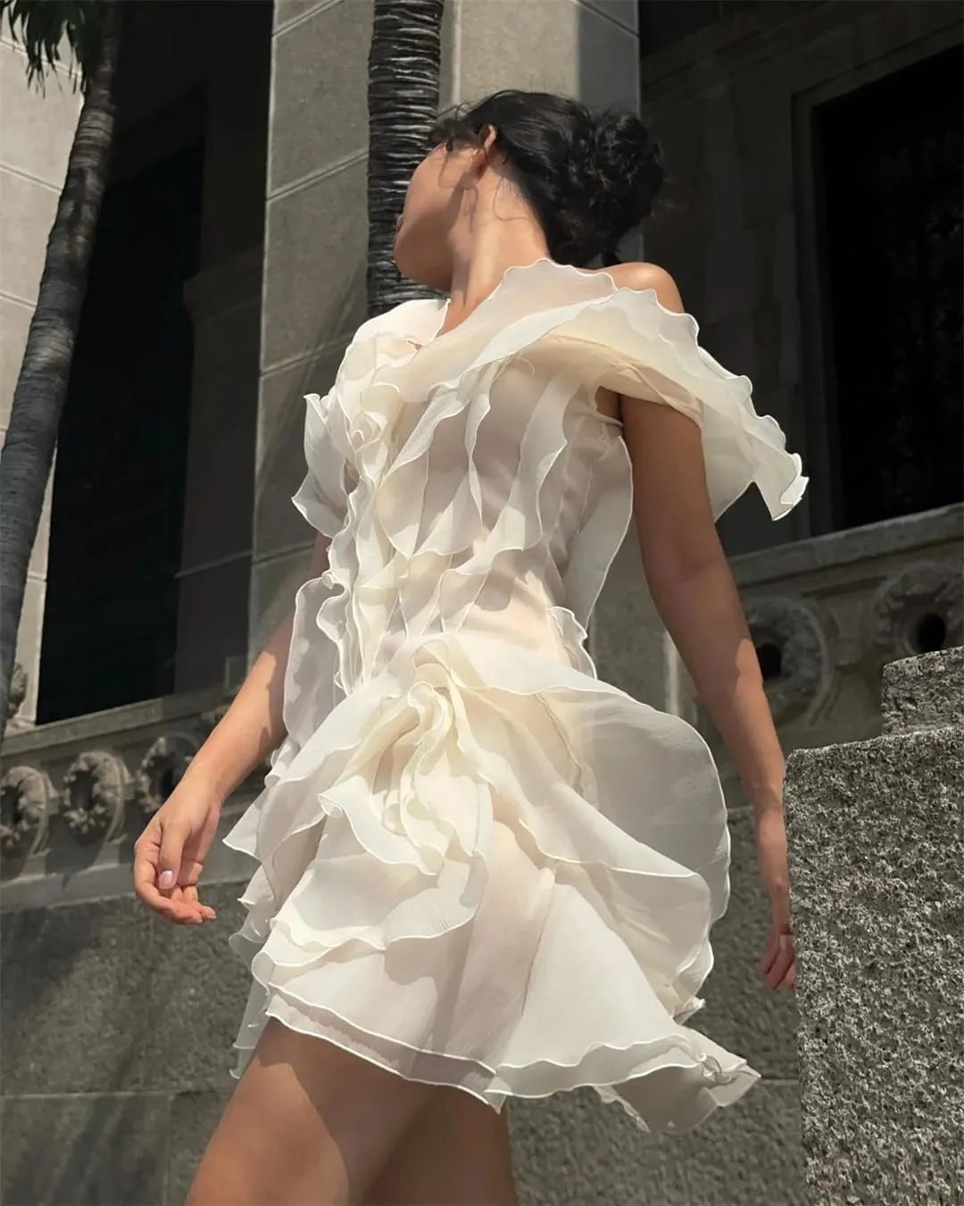 Women Ruffles Off Theshoulder Party Mini Dresses Short Sleeve Backless High Waist Slim Short Dress