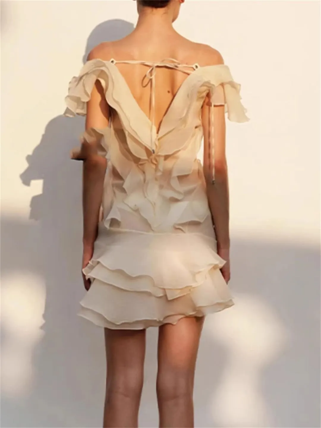 Women Ruffles Off Theshoulder Party Mini Dresses Short Sleeve Backless High Waist Slim Short Dress