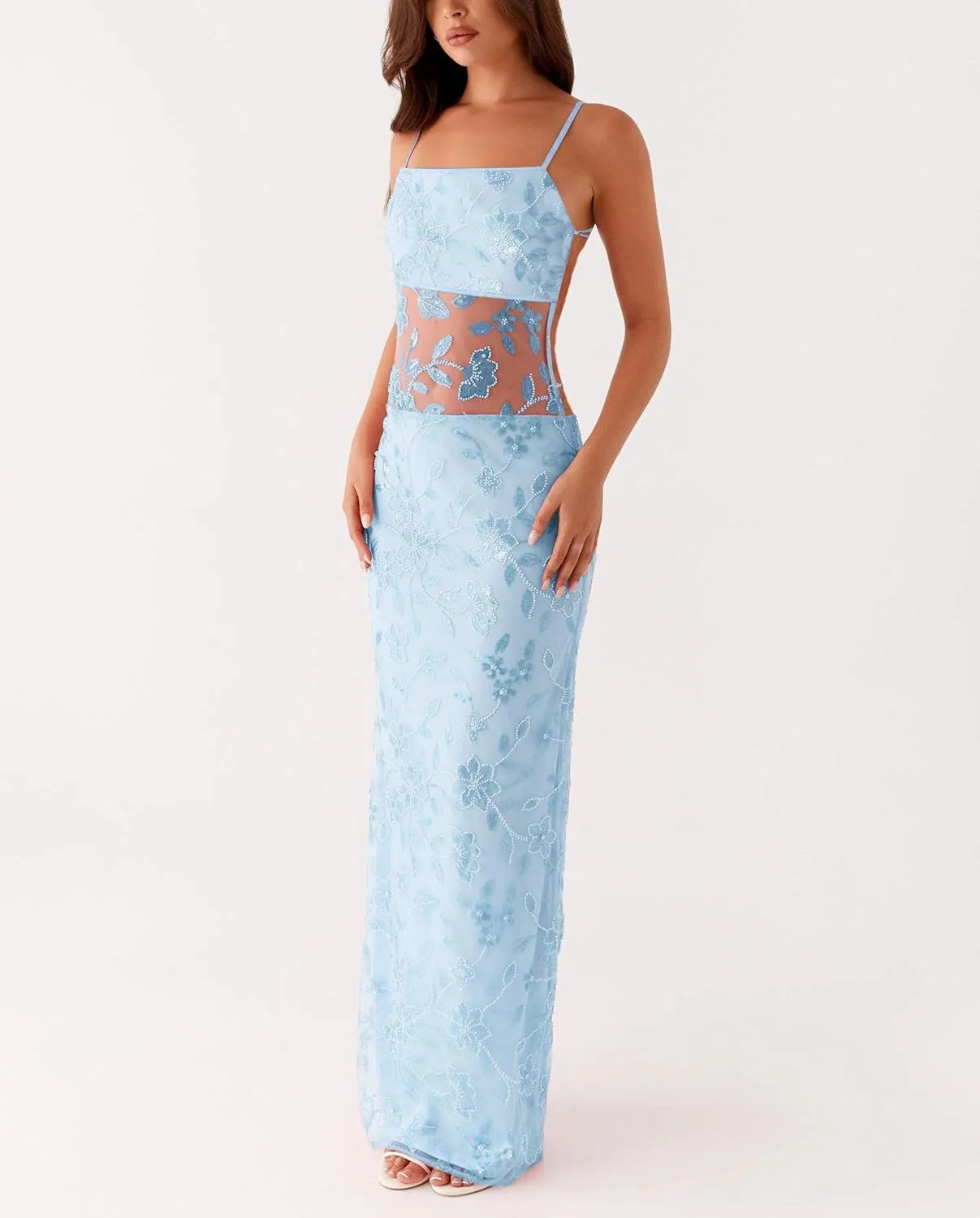Women Sequin Sparkly Maxi Dress Y2k Square Neck Floral Cami Long Dress Side Split Glitter Bodycon Clubwear