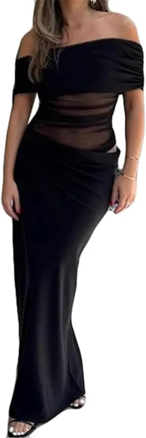 Women Sexy Off Shoulder Maxi Dress See Through Mesh Ruched Ruffles Paneled Bodycon Dress Y2K Party Summer Clubwear