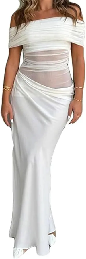 Women Sexy Off Shoulder Maxi Dress See Through Mesh Ruched Ruffles Paneled Bodycon Dress Y2K Party Summer Clubwear