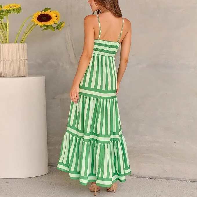 Women Striped Sleeveless Maxi Dress Spaghetti Strap Cutout Backless Long Flowy Dress Boho A Line Beach Sun Dress