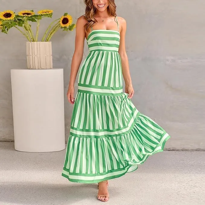 Women Striped Sleeveless Maxi Dress Spaghetti Strap Cutout Backless Long Flowy Dress Boho A Line Beach Sun Dress