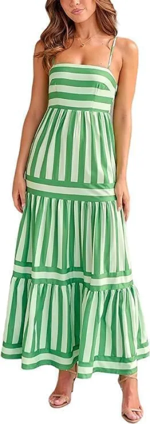 Women Striped Sleeveless Maxi Dress Spaghetti Strap Cutout Backless Long Flowy Dress Boho A Line Beach Sun Dress