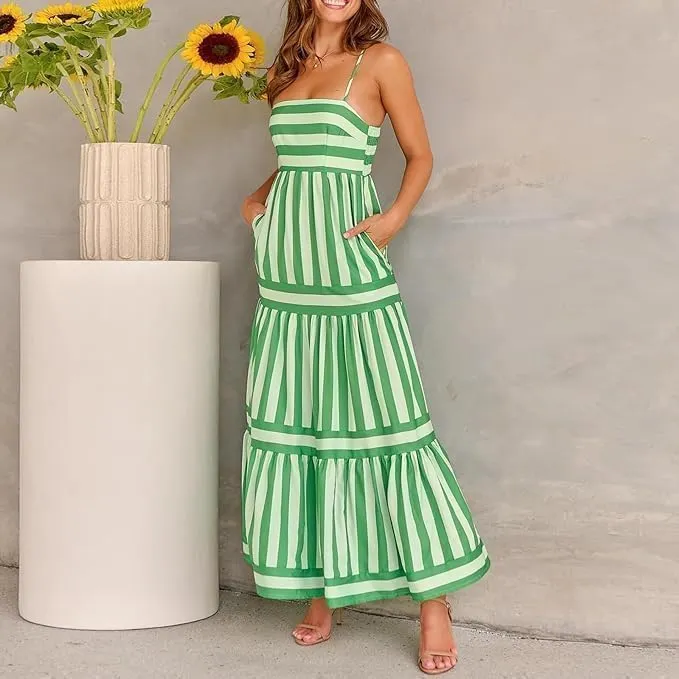 Women Striped Sleeveless Maxi Dress Spaghetti Strap Cutout Backless Long Flowy Dress Boho A Line Beach Sun Dress