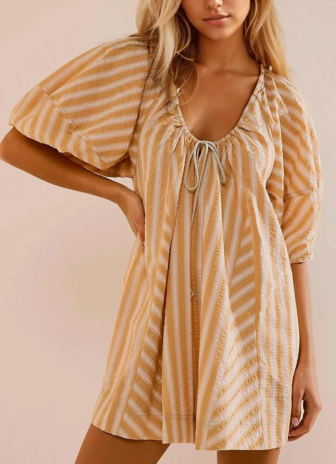 Women Striped Summer Dress with Pockets Casual Loose Puff Sleeve Mini Dress Adjustable V Neck Oversized Sundress