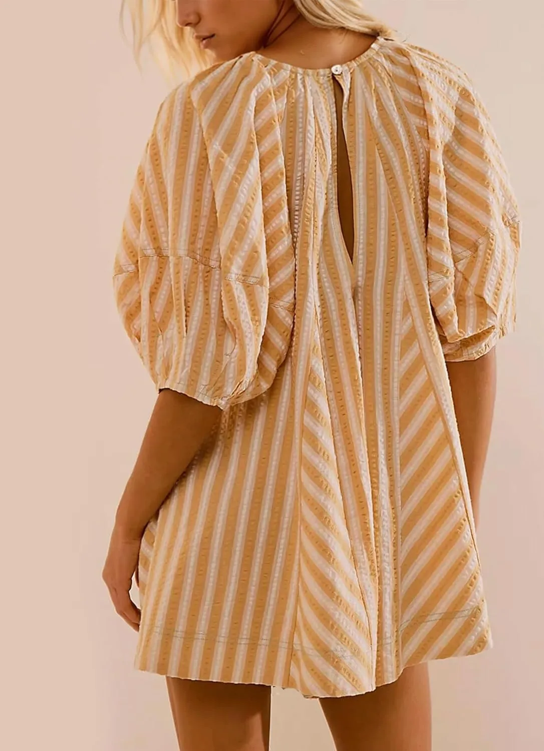 Women Striped Summer Dress with Pockets Casual Loose Puff Sleeve Mini Dress Adjustable V Neck Oversized Sundress