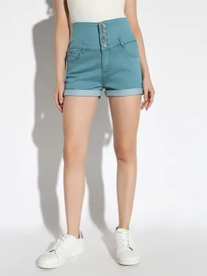 Women Teal Mid-Rise Slim Fit Shorts