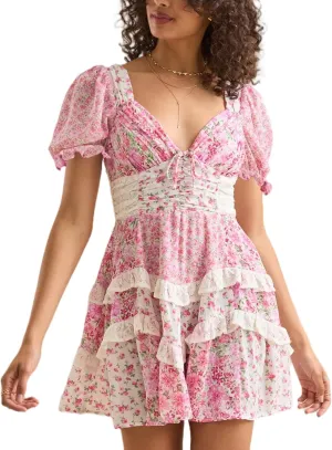Women Y2k Floral Patchwork Mini Dress Layered Ruffle Short Summer Dress Boho Smocked Tiered Backless Flowy Dresses