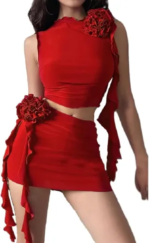 Women Y2K Ruffle Mesh 2 Piece Skirt Set Sheer Sleeveless Tube Top Flower Ruffle Split Mini Skirt Streetwear Outfits