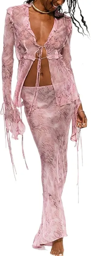Women Y2K Ruffle Mesh 2 Piece Skirt Set Sheer Sleeveless Tube Top Flower Ruffle Split Mini Skirt Streetwear Outfits