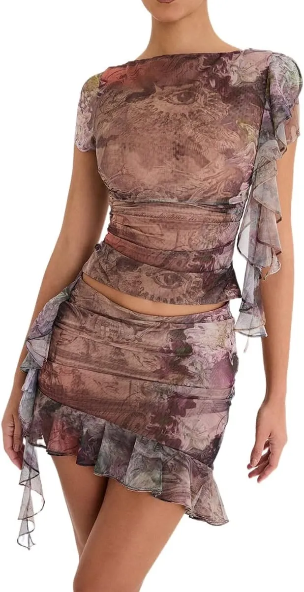 Women Y2K Ruffle Mesh 2 Piece Skirt Set Sheer Sleeveless Tube Top Flower Ruffle Split Mini Skirt Streetwear Outfits