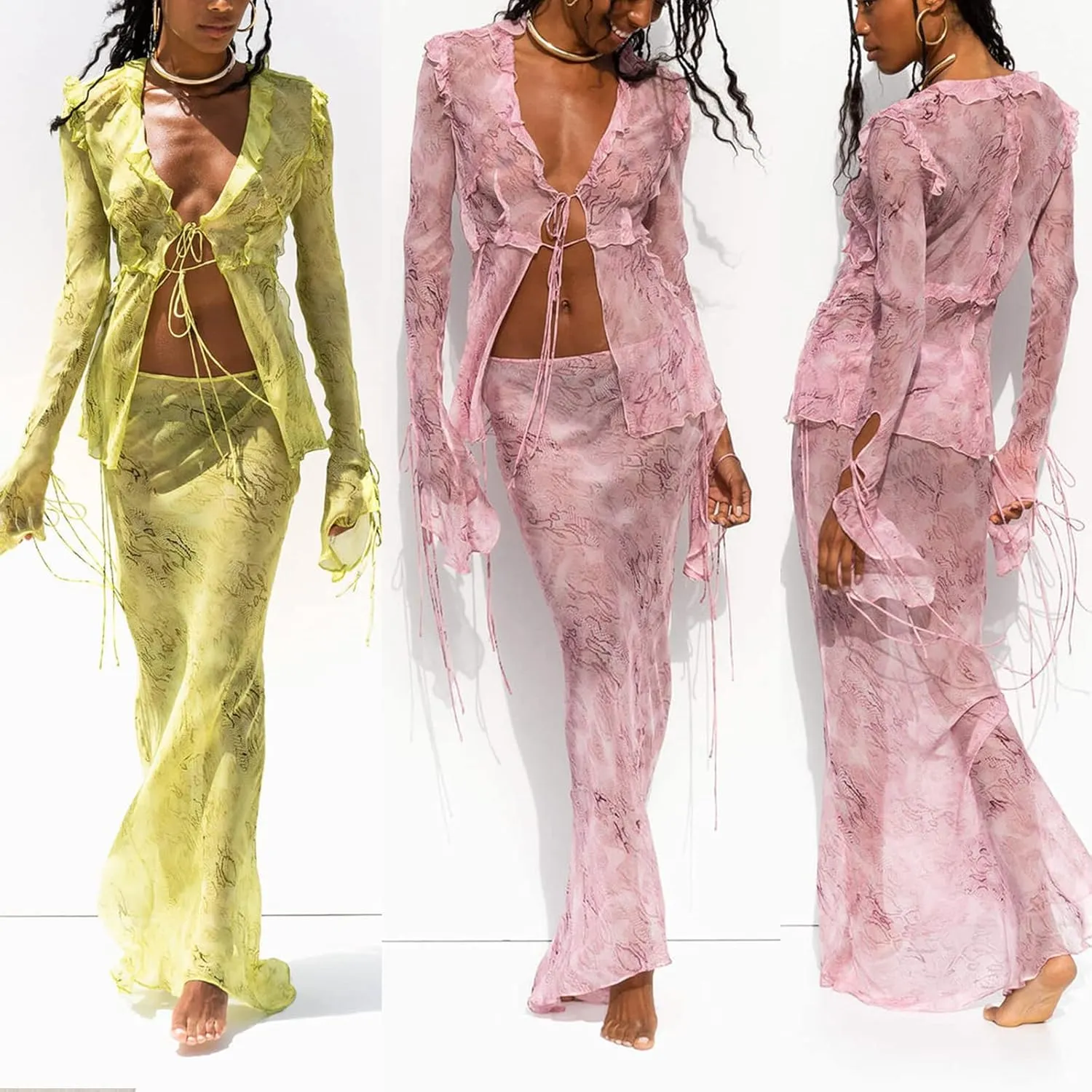 Women Y2K Ruffle Mesh 2 Piece Skirt Set Sheer Sleeveless Tube Top Flower Ruffle Split Mini Skirt Streetwear Outfits